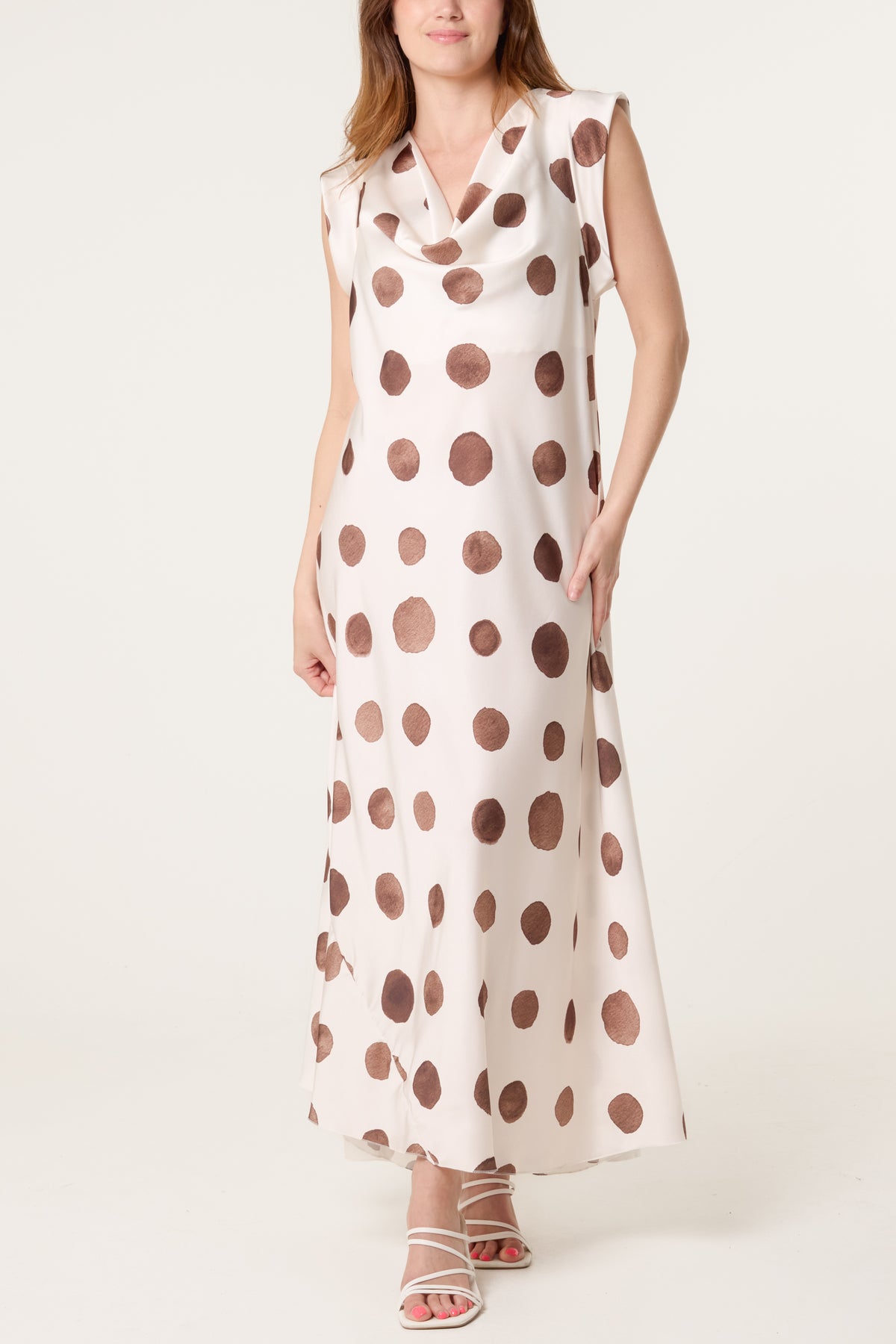 Cowl Neck Polka Dot Satin Maxi Dress