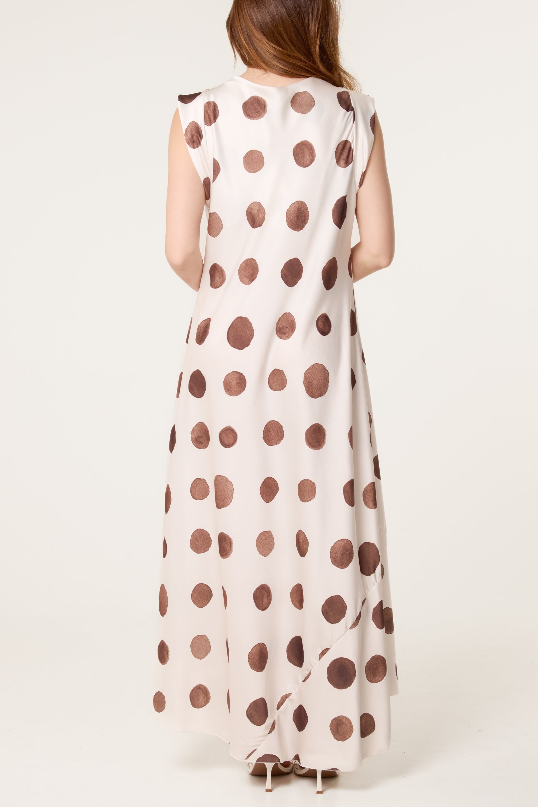 Cowl Neck Polka Dot Satin Maxi Dress