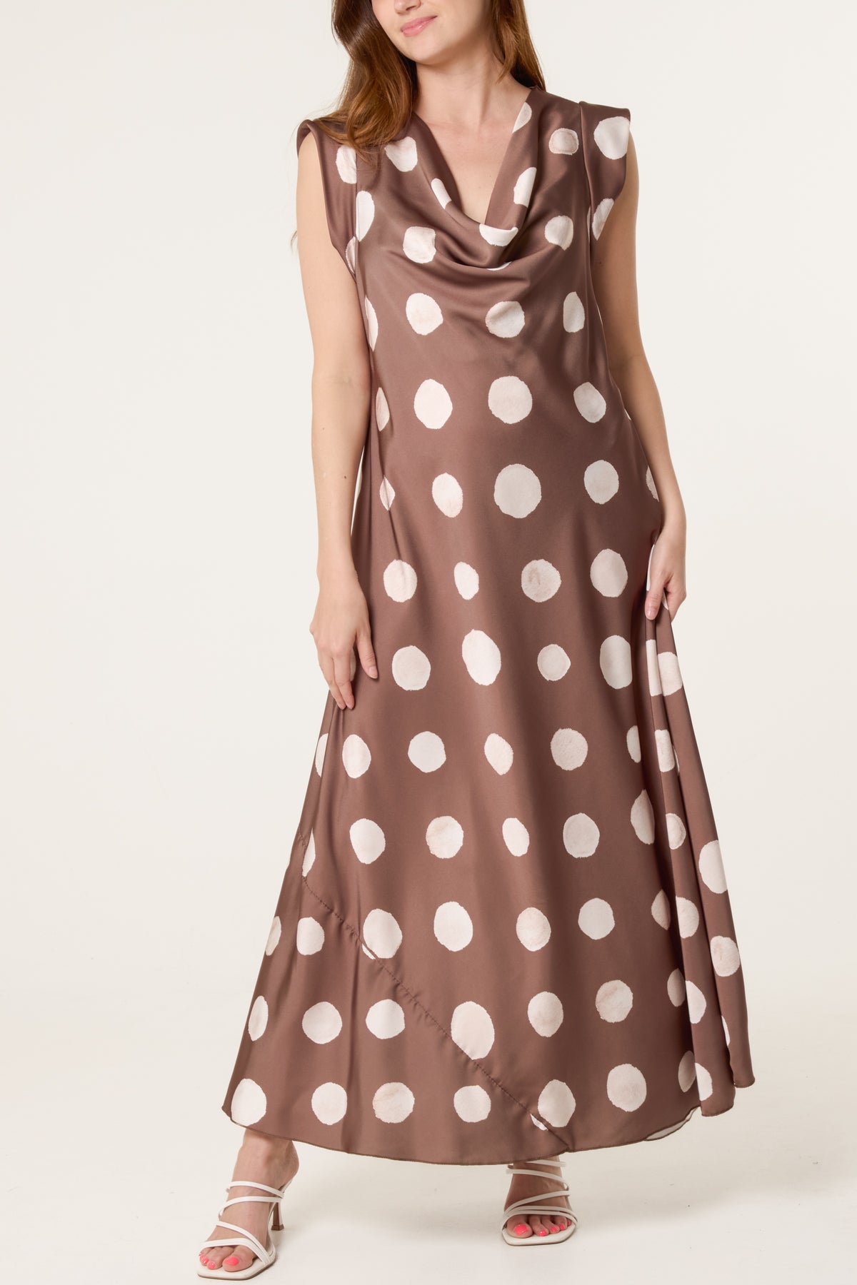 Cowl Neck Polka Dot Satin Maxi Dress