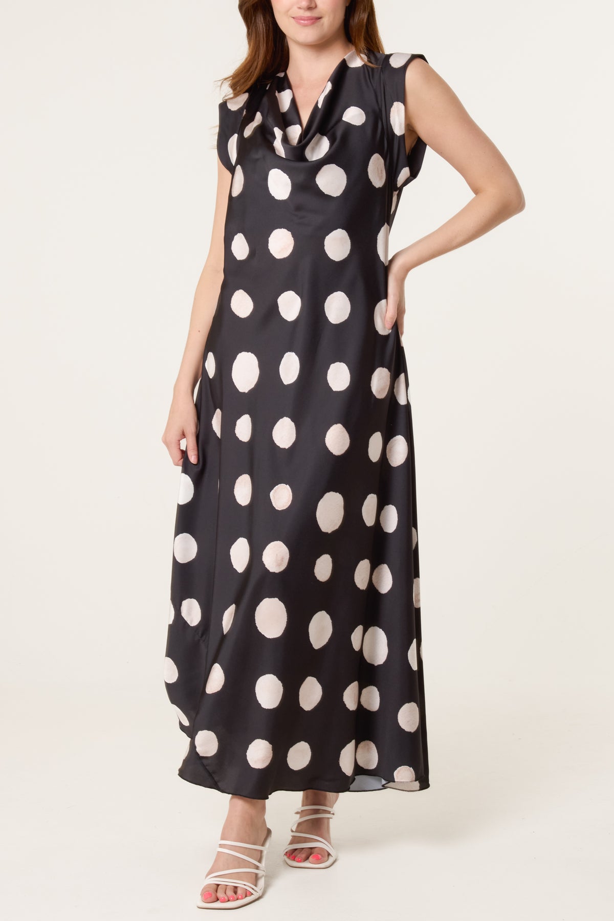 Cowl Neck Polka Dot Satin Maxi Dress