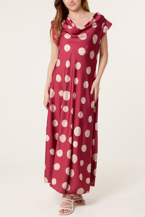 Cowl Neck Polka Dot Satin Maxi Dress