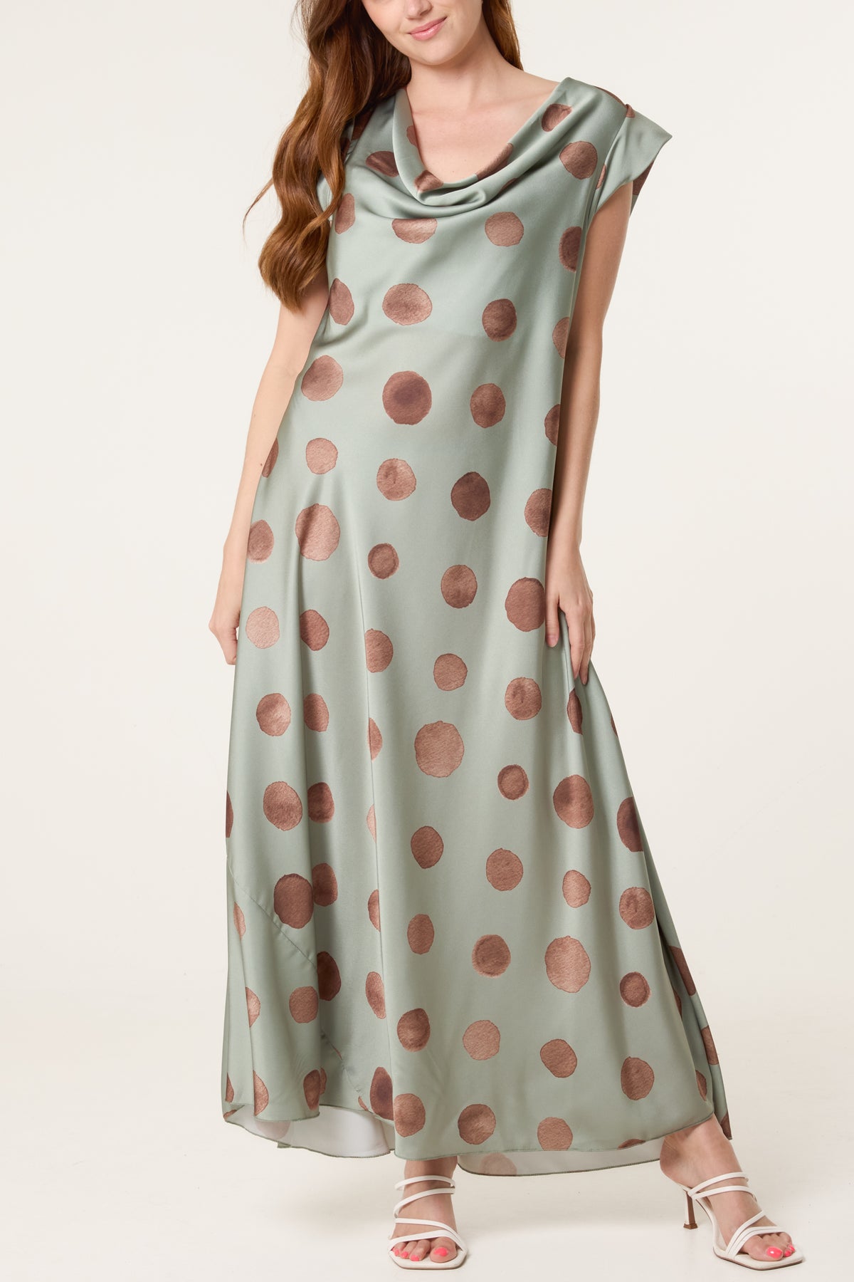 Cowl Neck Polka Dot Satin Maxi Dress