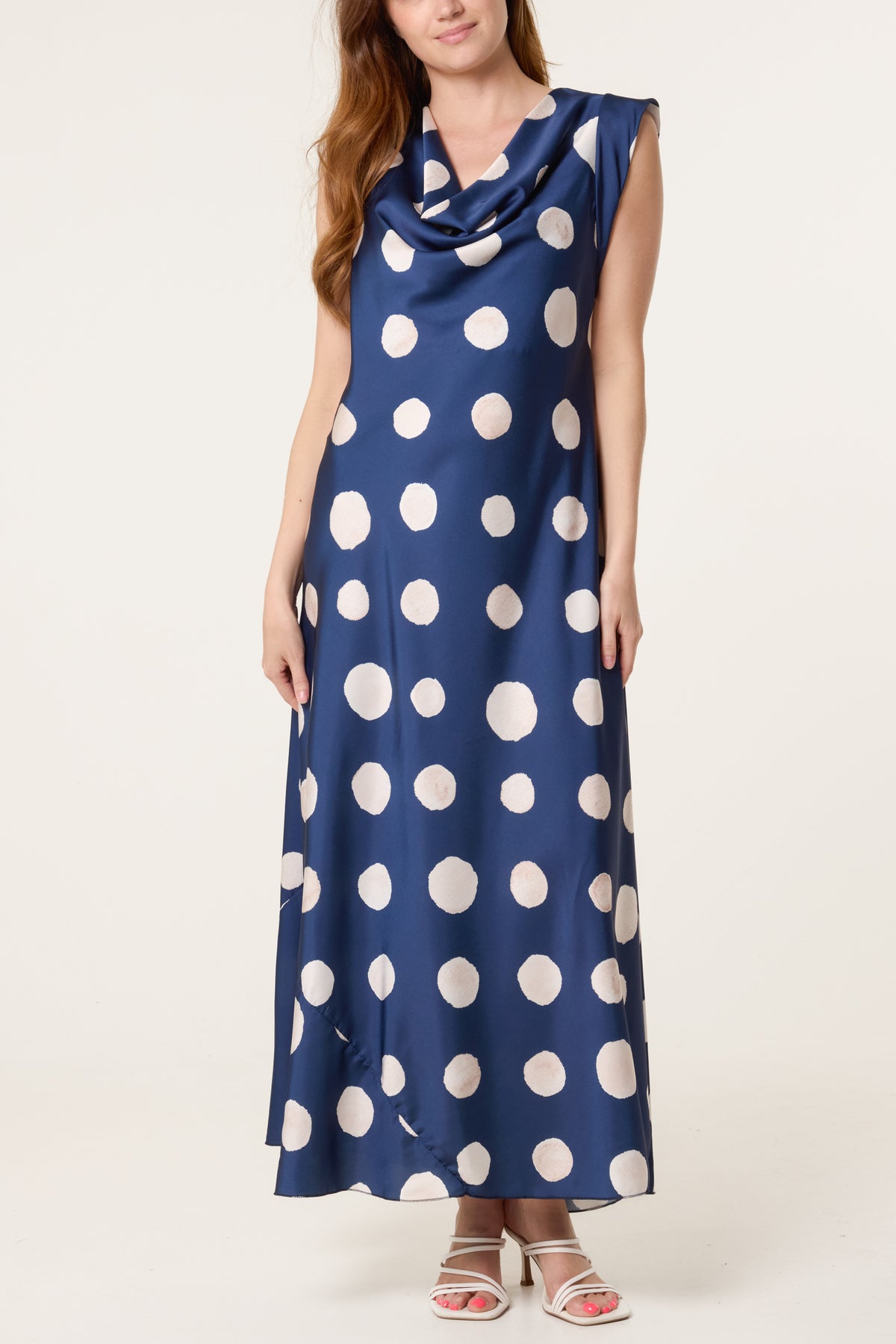 Cowl Neck Polka Dot Satin Maxi Dress