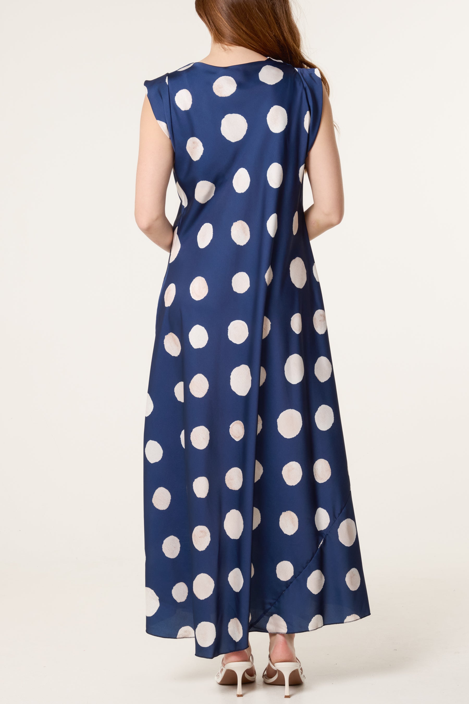 Cowl Neck Polka Dot Satin Maxi Dress