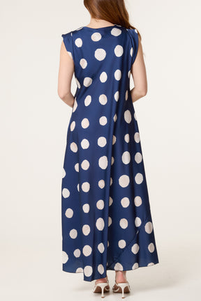 Cowl Neck Polka Dot Satin Maxi Dress