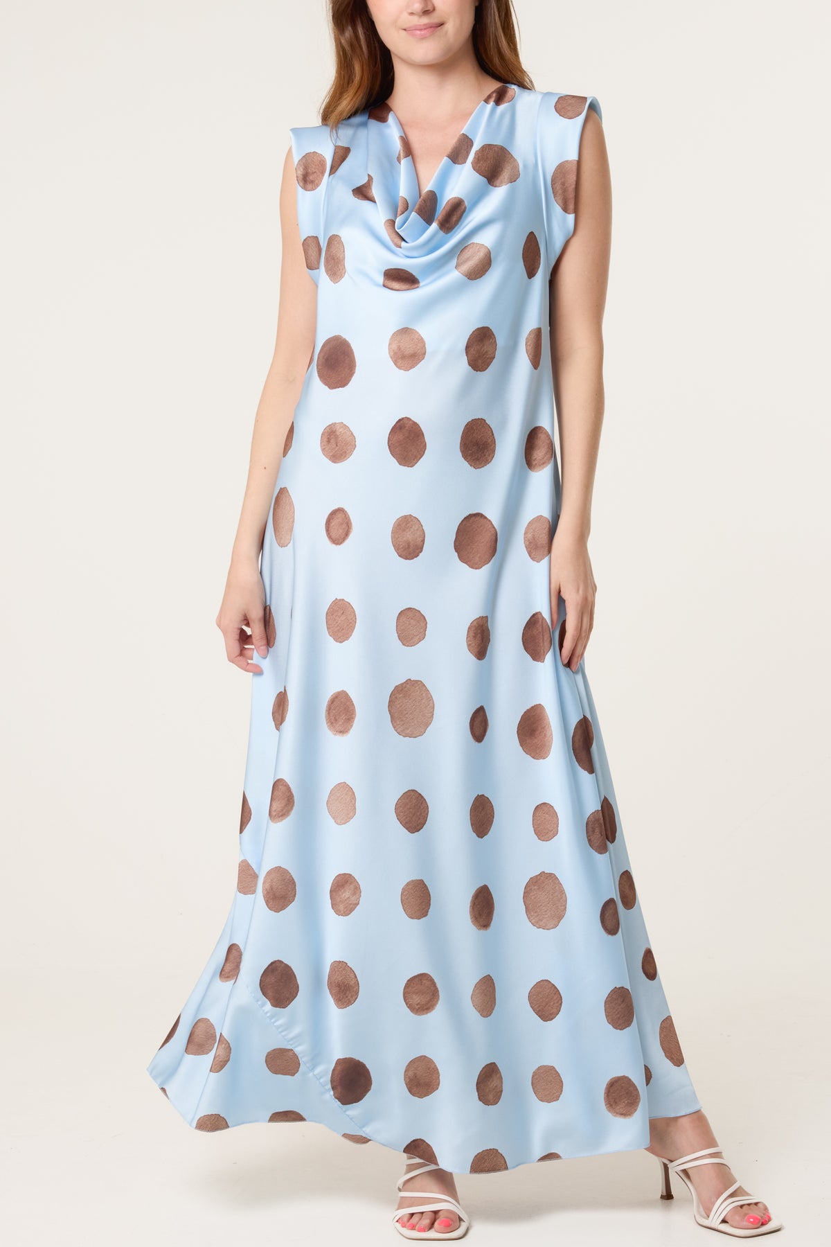 Cowl Neck Polka Dot Satin Maxi Dress