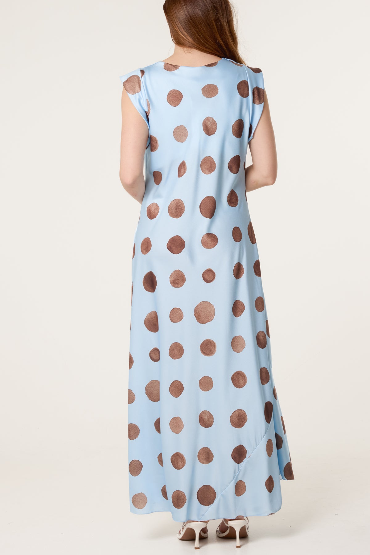 Cowl Neck Polka Dot Satin Maxi Dress
