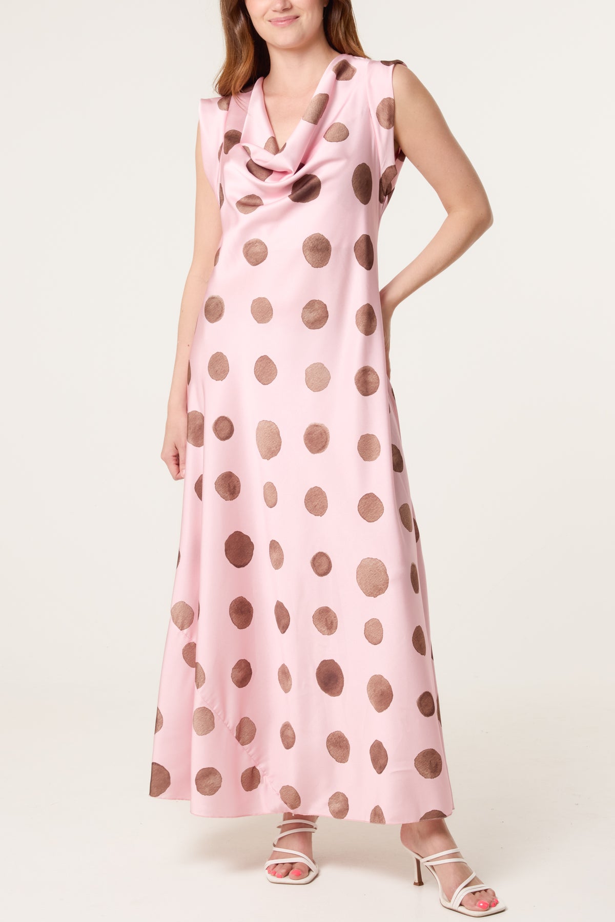 Cowl Neck Polka Dot Satin Maxi Dress