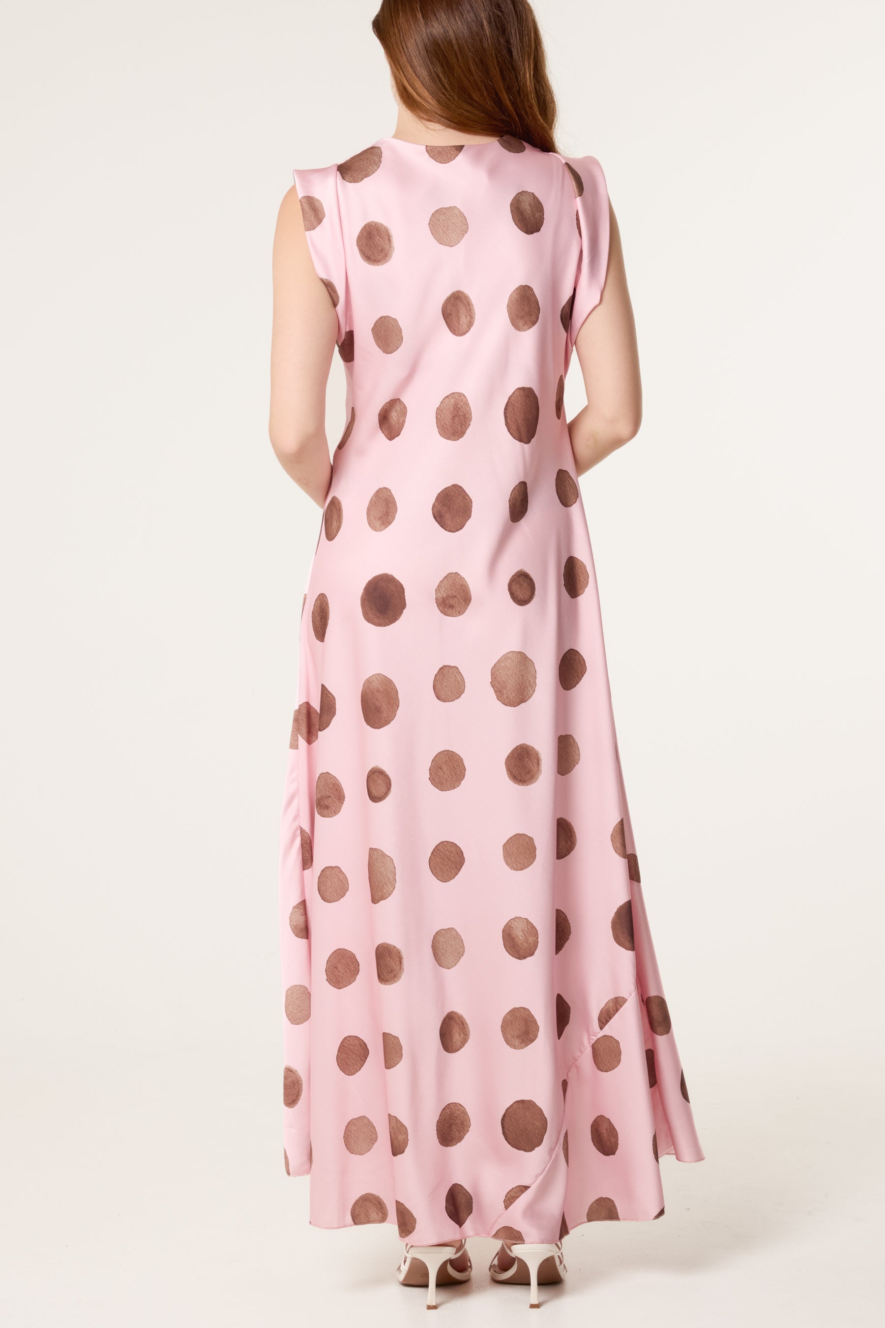 Cowl Neck Polka Dot Satin Maxi Dress