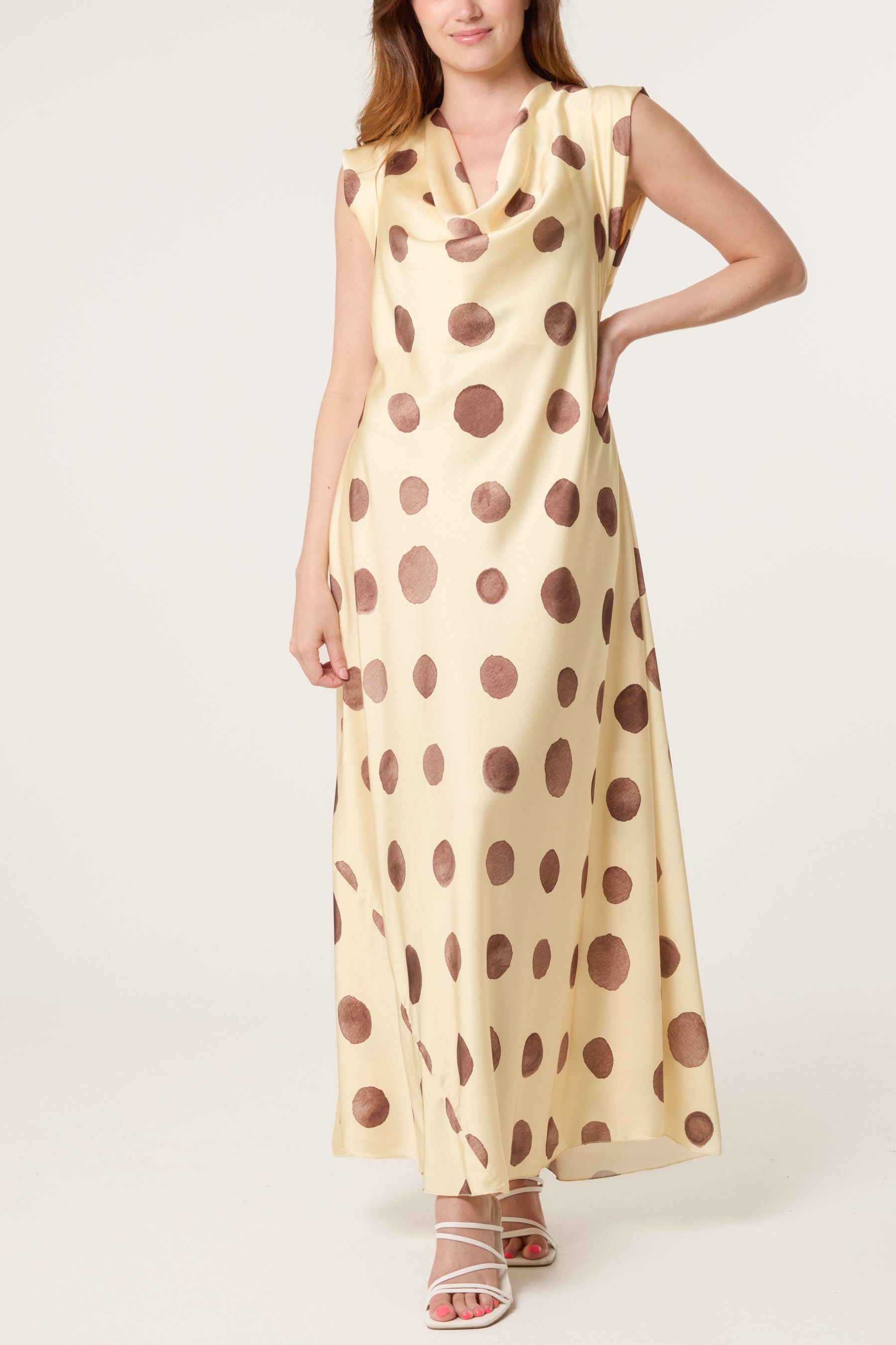Cowl Neck Polka Dot Satin Maxi Dress