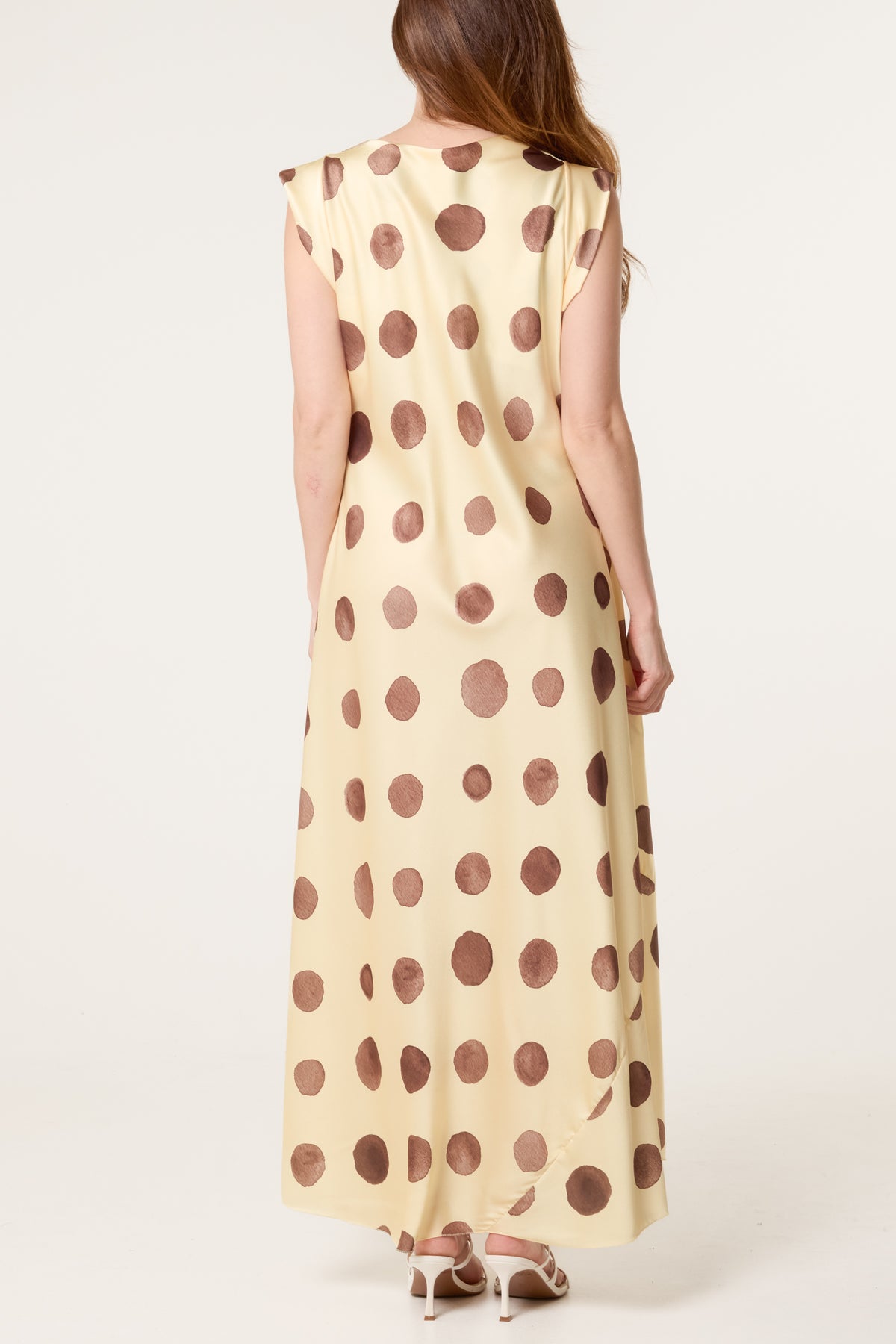 Cowl Neck Polka Dot Satin Maxi Dress