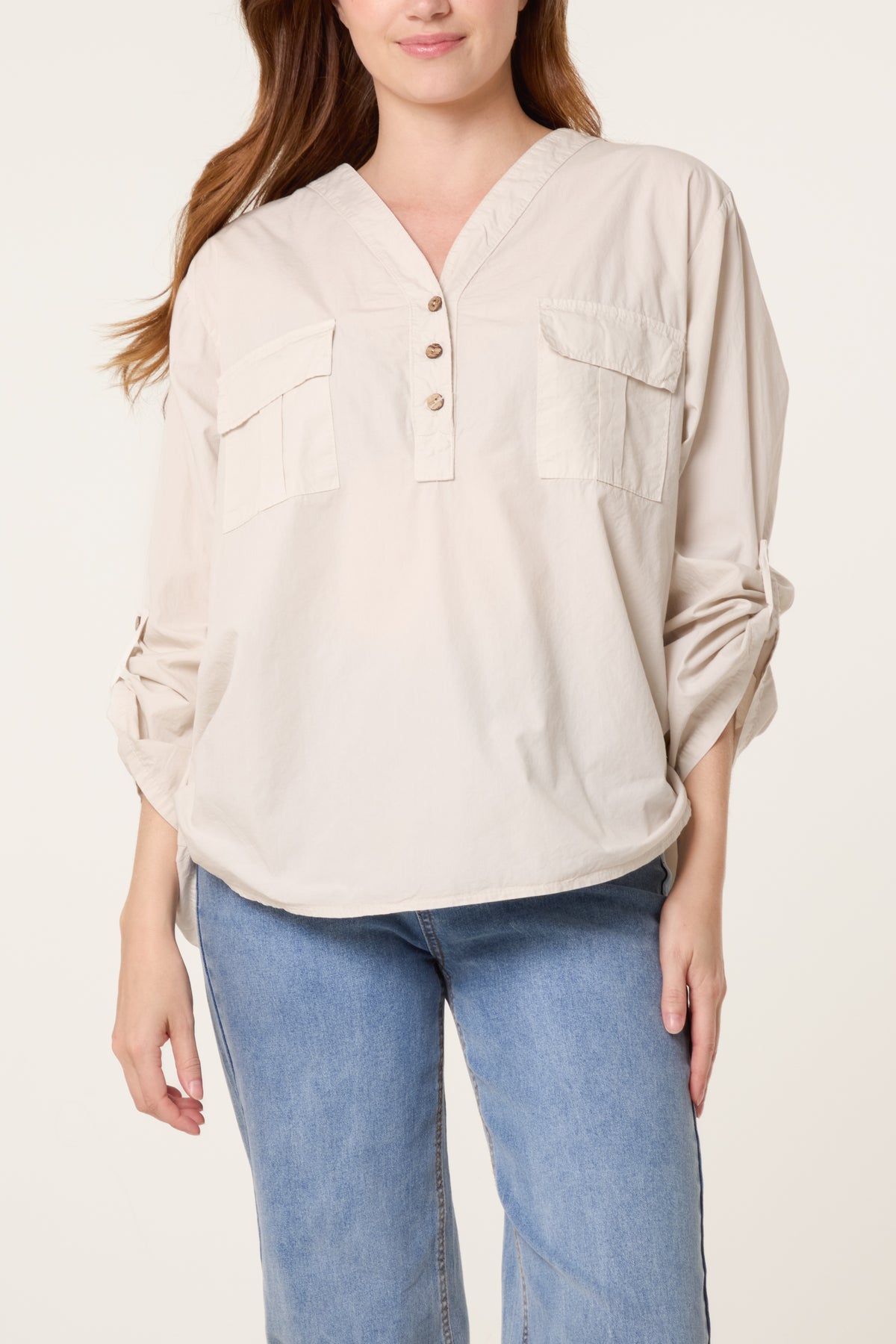 Cotton 3/4 Sleeve Front Pocket Shirt