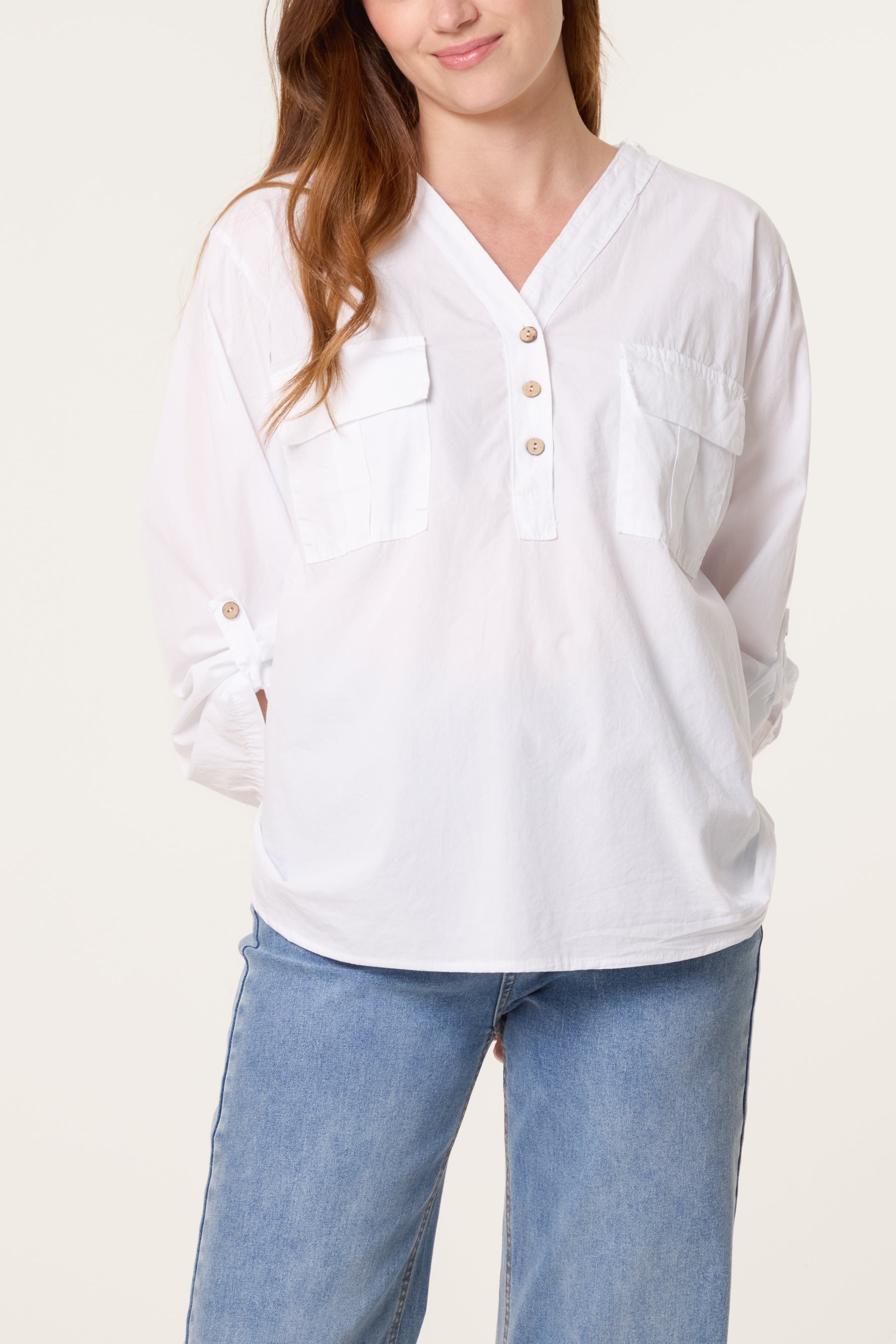 Cotton 3/4 Sleeve Front Pocket Shirt