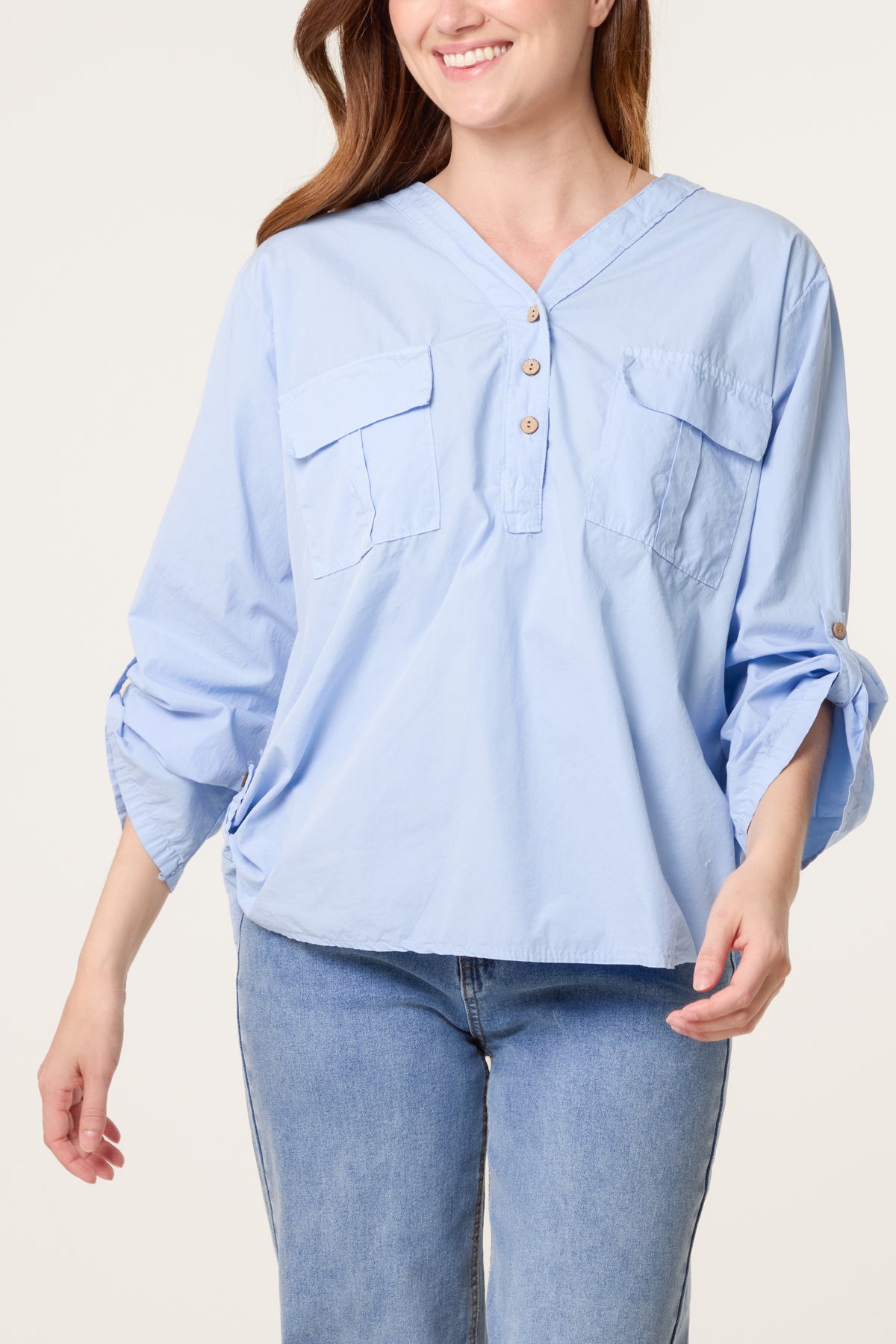 Cotton 3/4 Sleeve Front Pocket Shirt