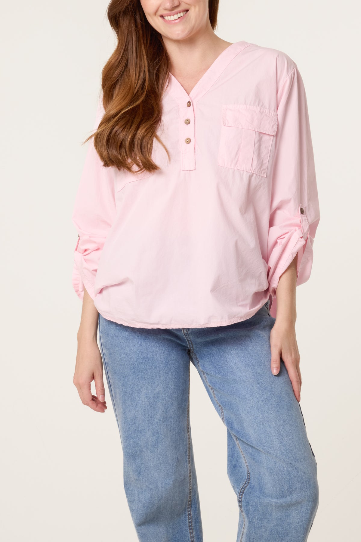 Cotton 3/4 Sleeve Front Pocket Shirt