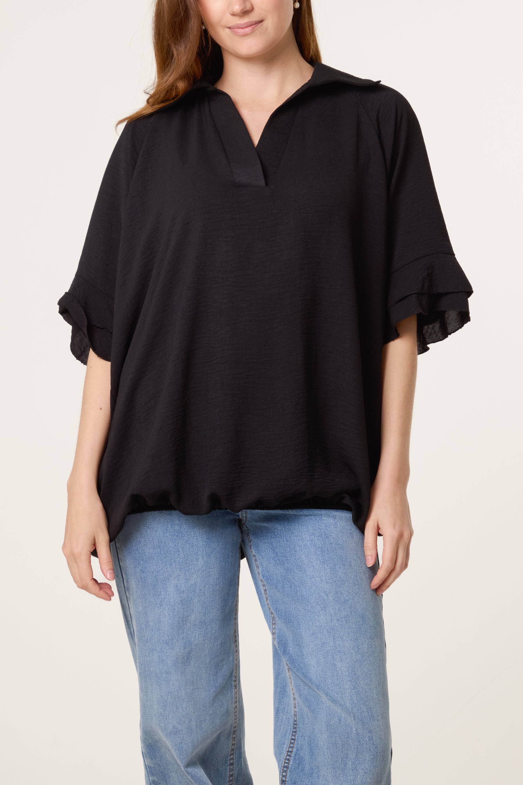 Double Frill Sleeve Bubble Hem Blouse