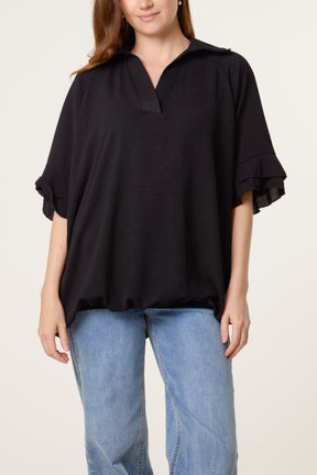 Double Frill Sleeve Bubble Hem Blouse