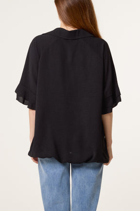 Double Frill Sleeve Bubble Hem Blouse
