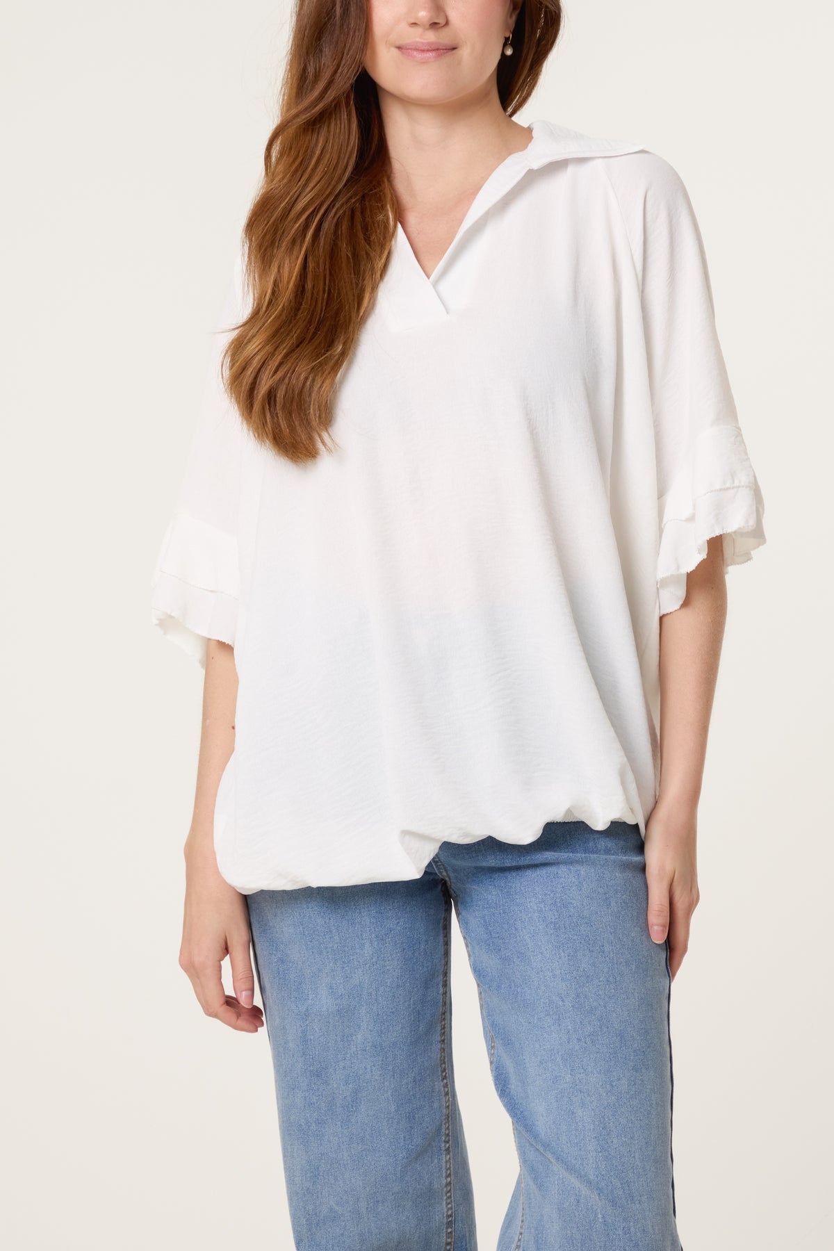 Double Frill Sleeve Bubble Hem Blouse