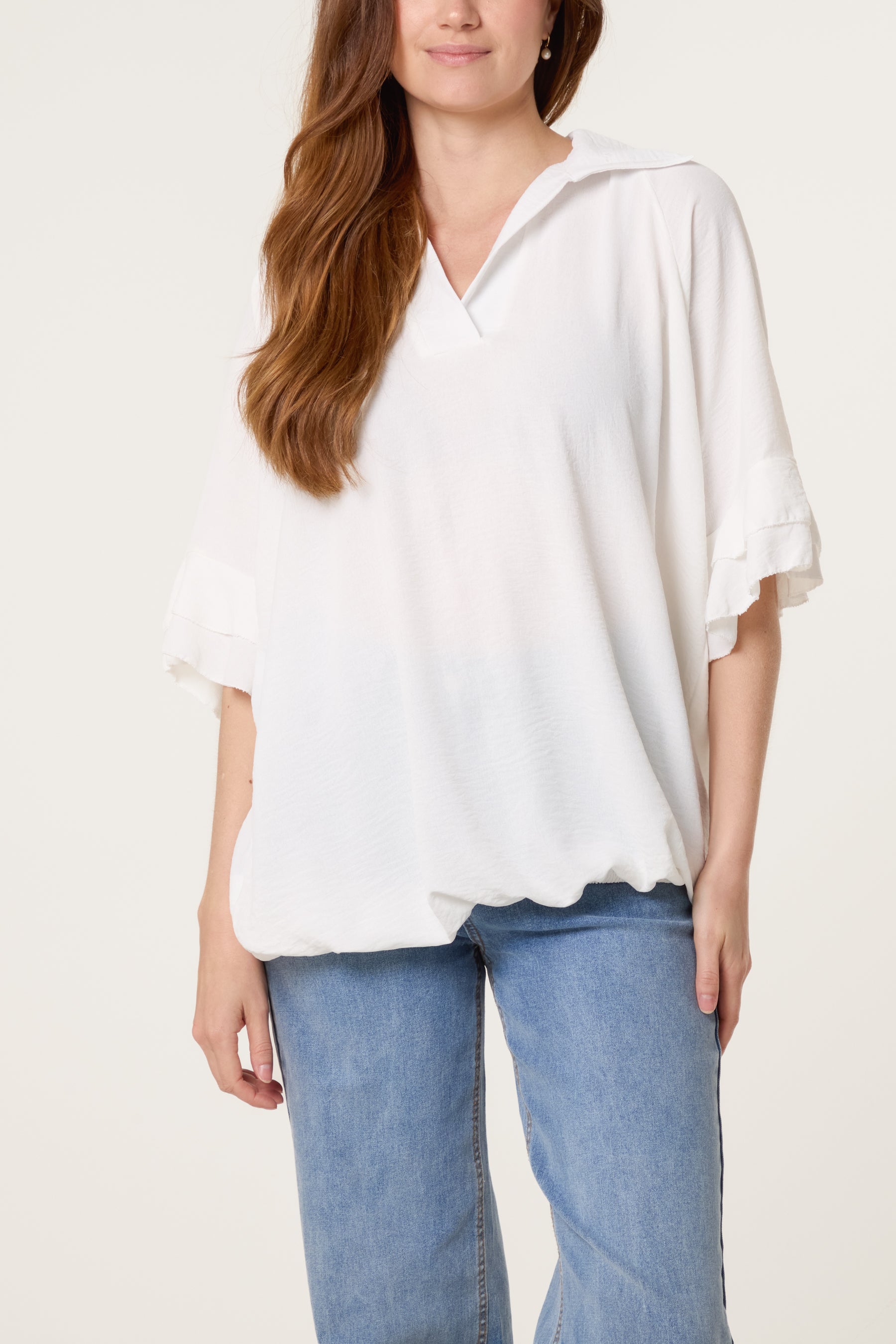 Double Frill Sleeve Bubble Hem Blouse