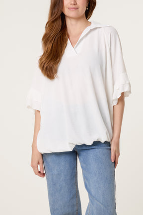 Double Frill Sleeve Bubble Hem Blouse