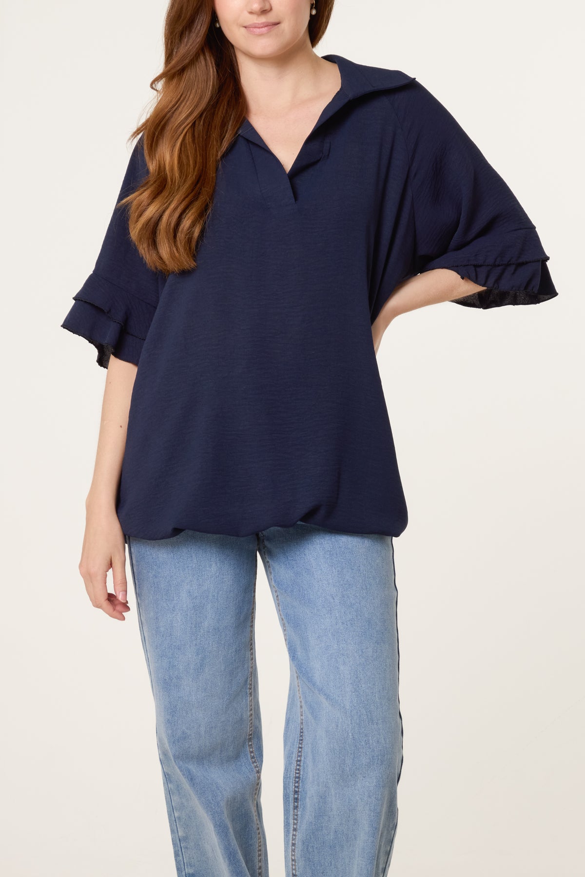 Double Frill Sleeve Bubble Hem Blouse