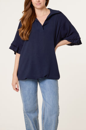 Double Frill Sleeve Bubble Hem Blouse