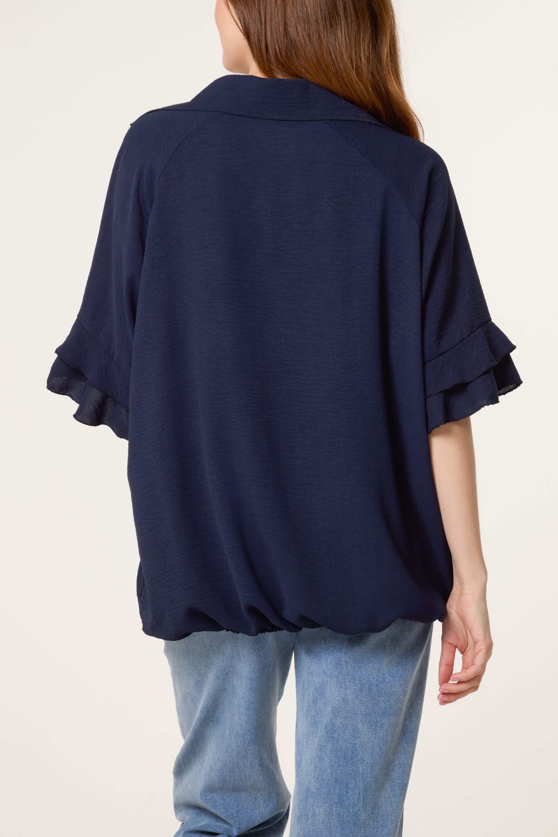 Double Frill Sleeve Bubble Hem Blouse