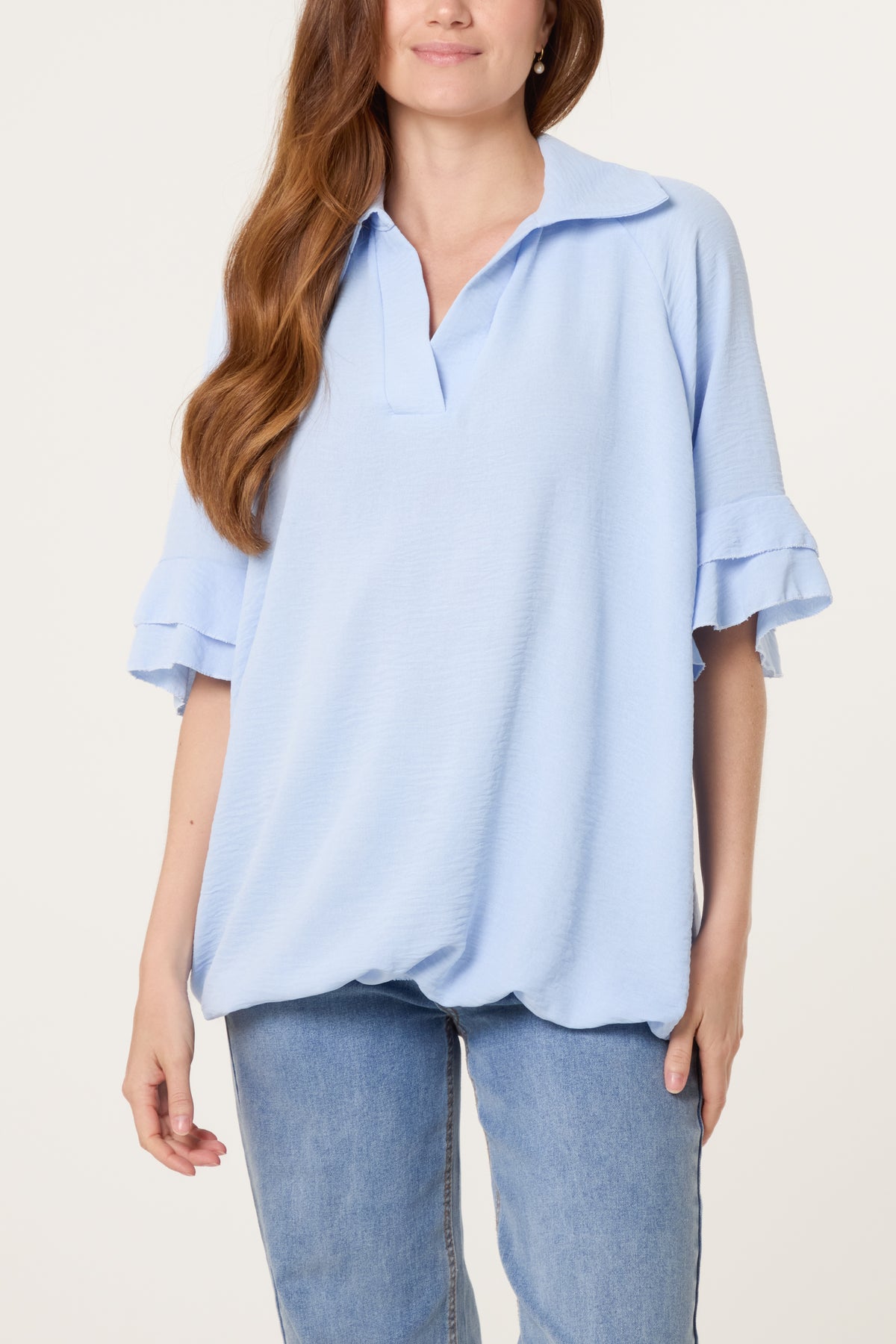 Double Frill Sleeve Bubble Hem Blouse