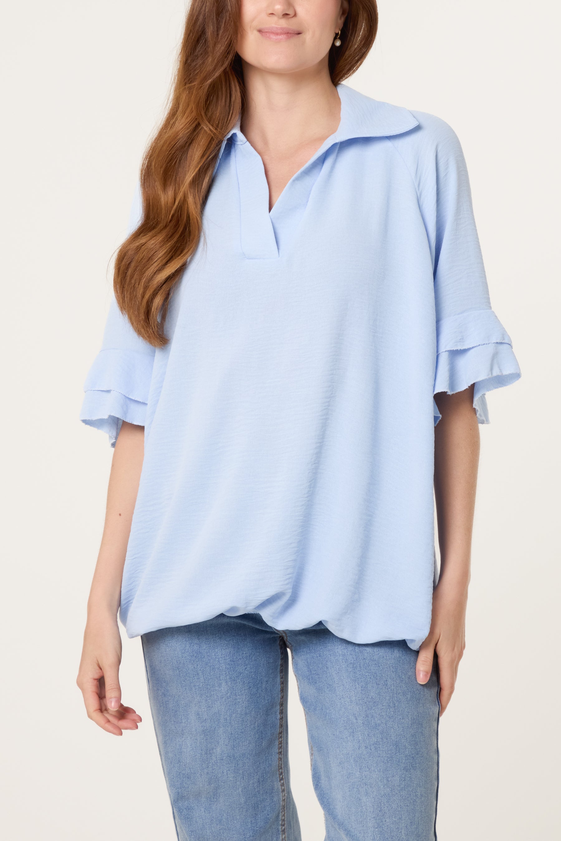 Double Frill Sleeve Bubble Hem Blouse