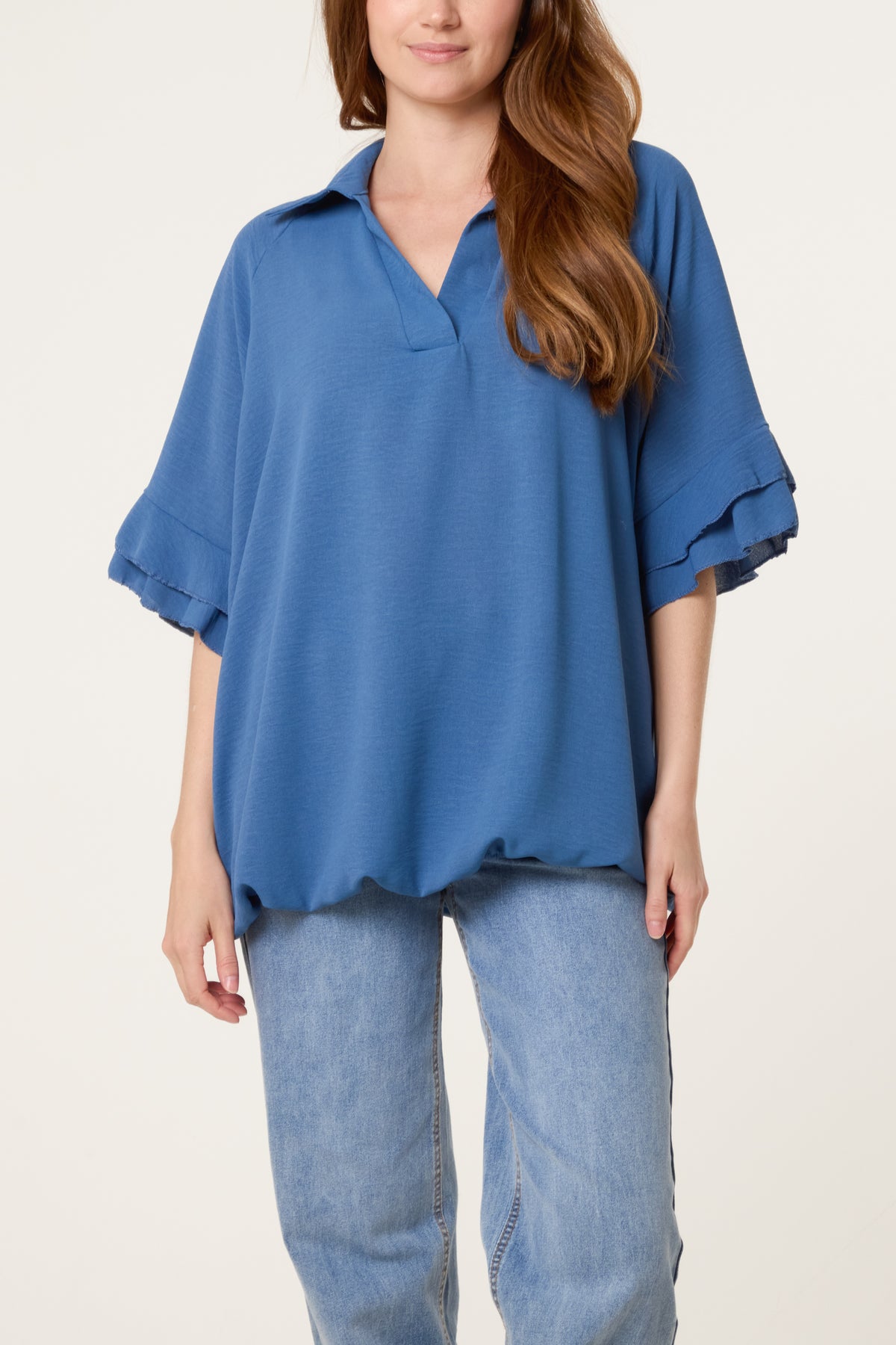 Double Frill Sleeve Bubble Hem Blouse