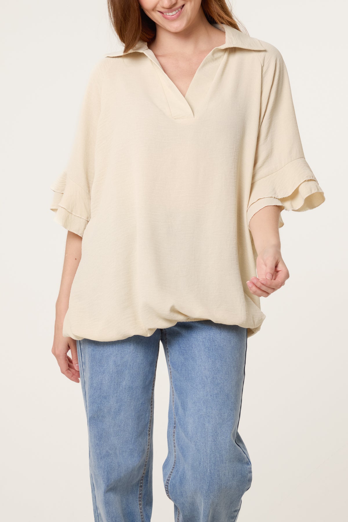 Double Frill Sleeve Bubble Hem Blouse