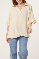 Double Frill Sleeve Bubble Hem Blouse
