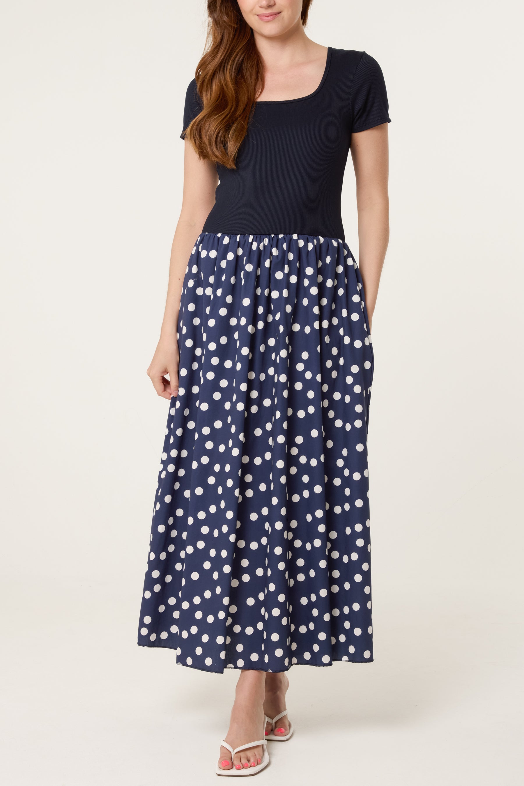 Ribbed Top Polka Dot Combined Dress
