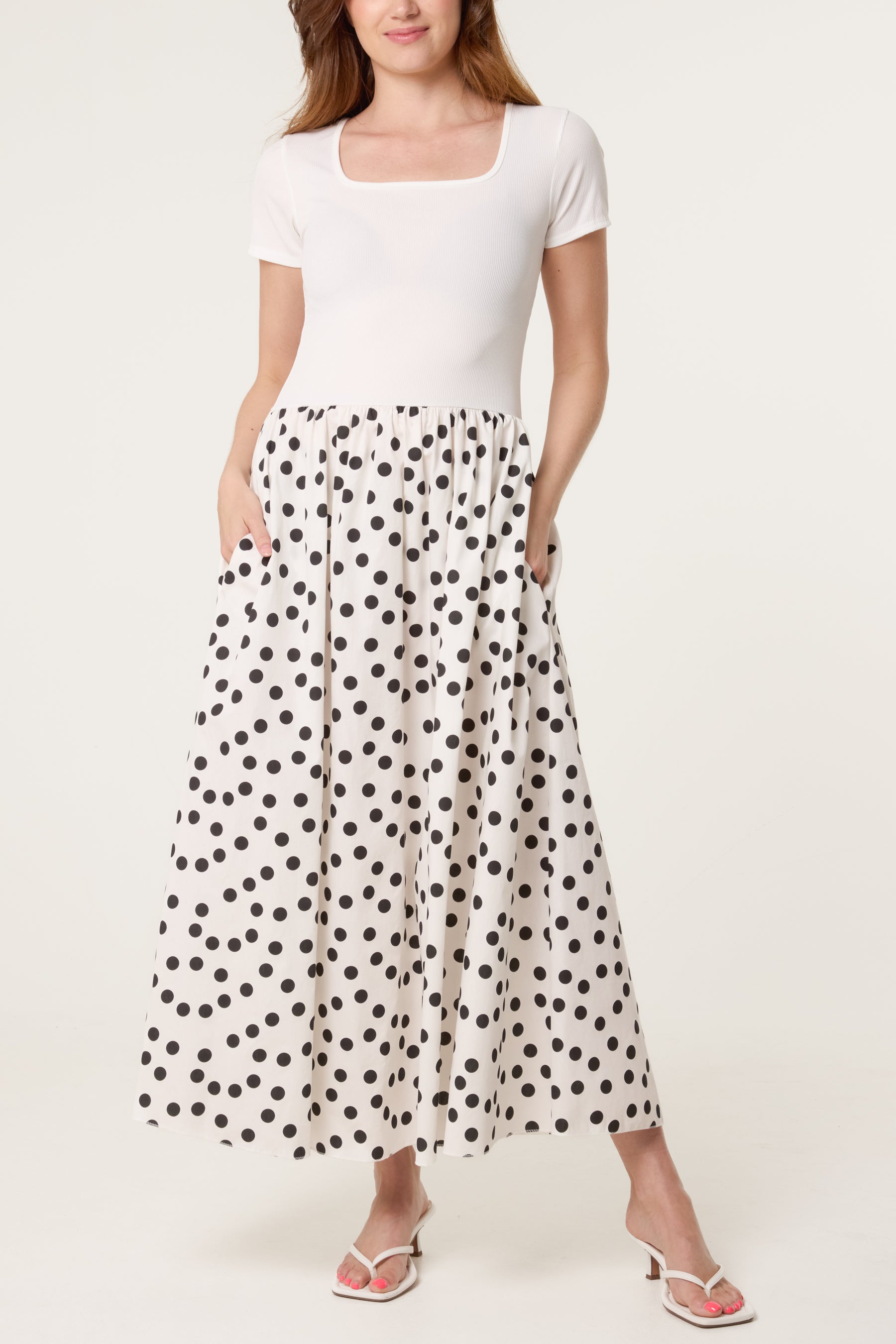 Ribbed Top Polka Dot Combined Dress