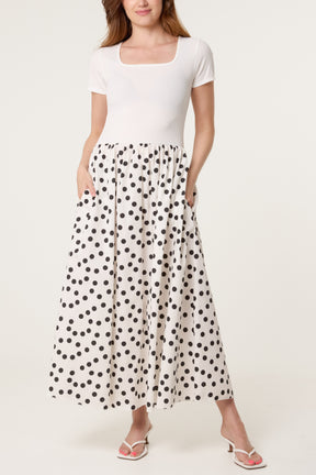 Ribbed Top Polka Dot Combined Dress