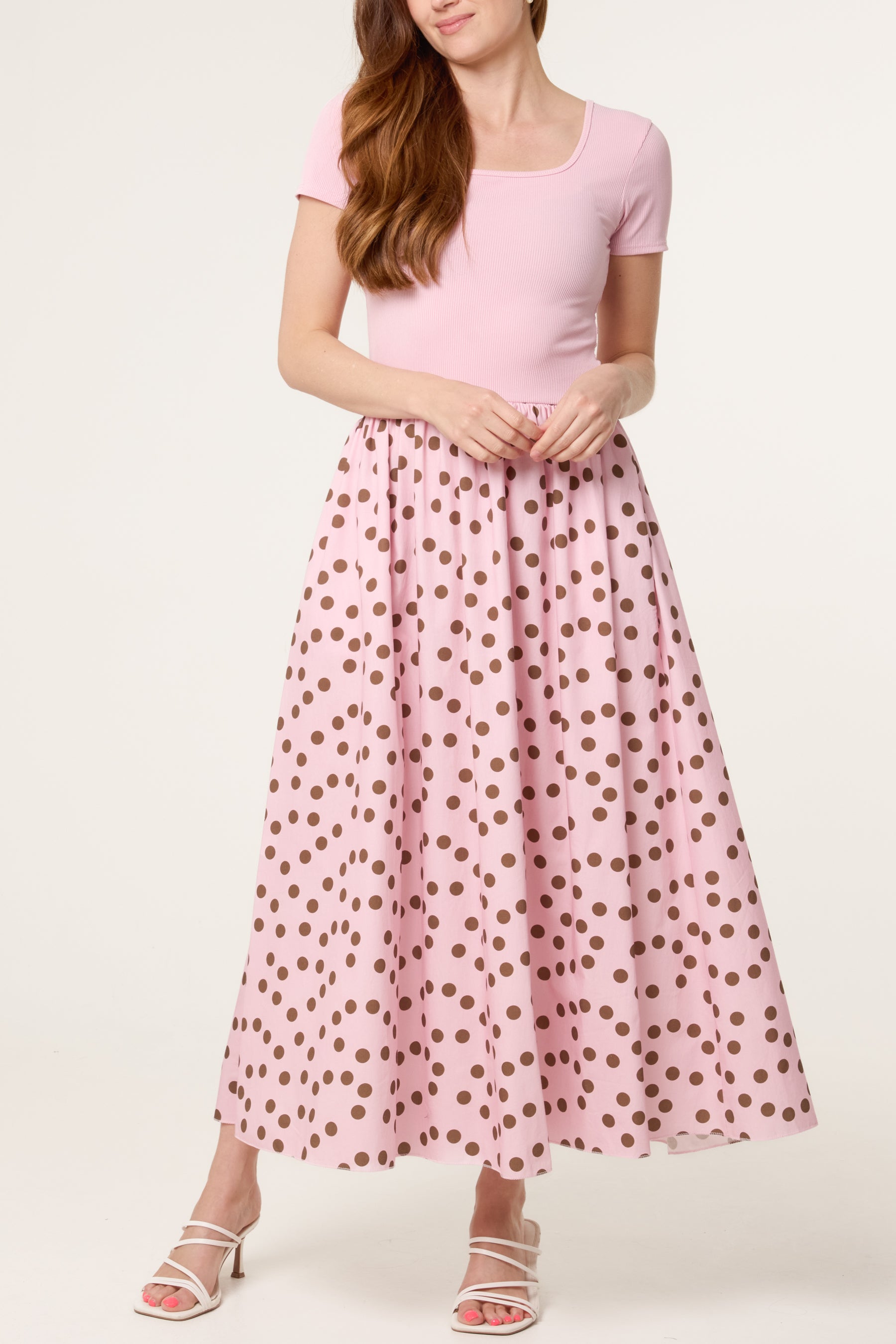 Ribbed Top Polka Dot Combined Dress