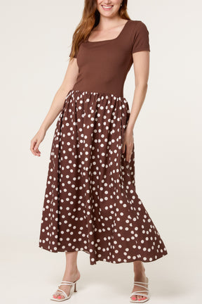 Ribbed Top Polka Dot Combined Dress