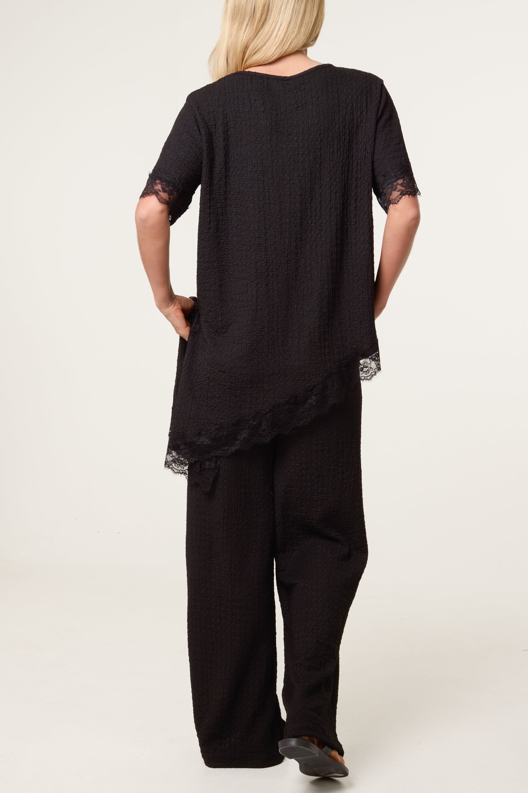 Asymmetric Lace Hem Top & Wide Leg Trousers