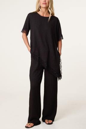 Asymmetric Lace Hem Top & Wide Leg Trousers