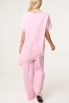 Asymmetric Lace Hem Top & Wide Leg Trousers