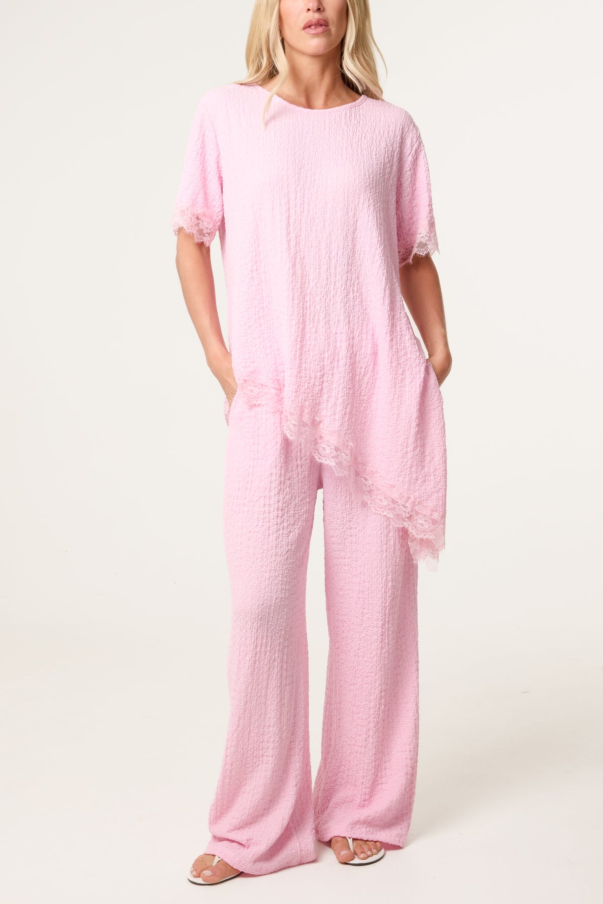 Asymmetric Lace Hem Top & Wide Leg Trousers