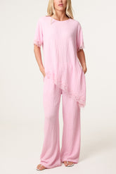 Asymmetric Lace Hem Top & Wide Leg Trousers