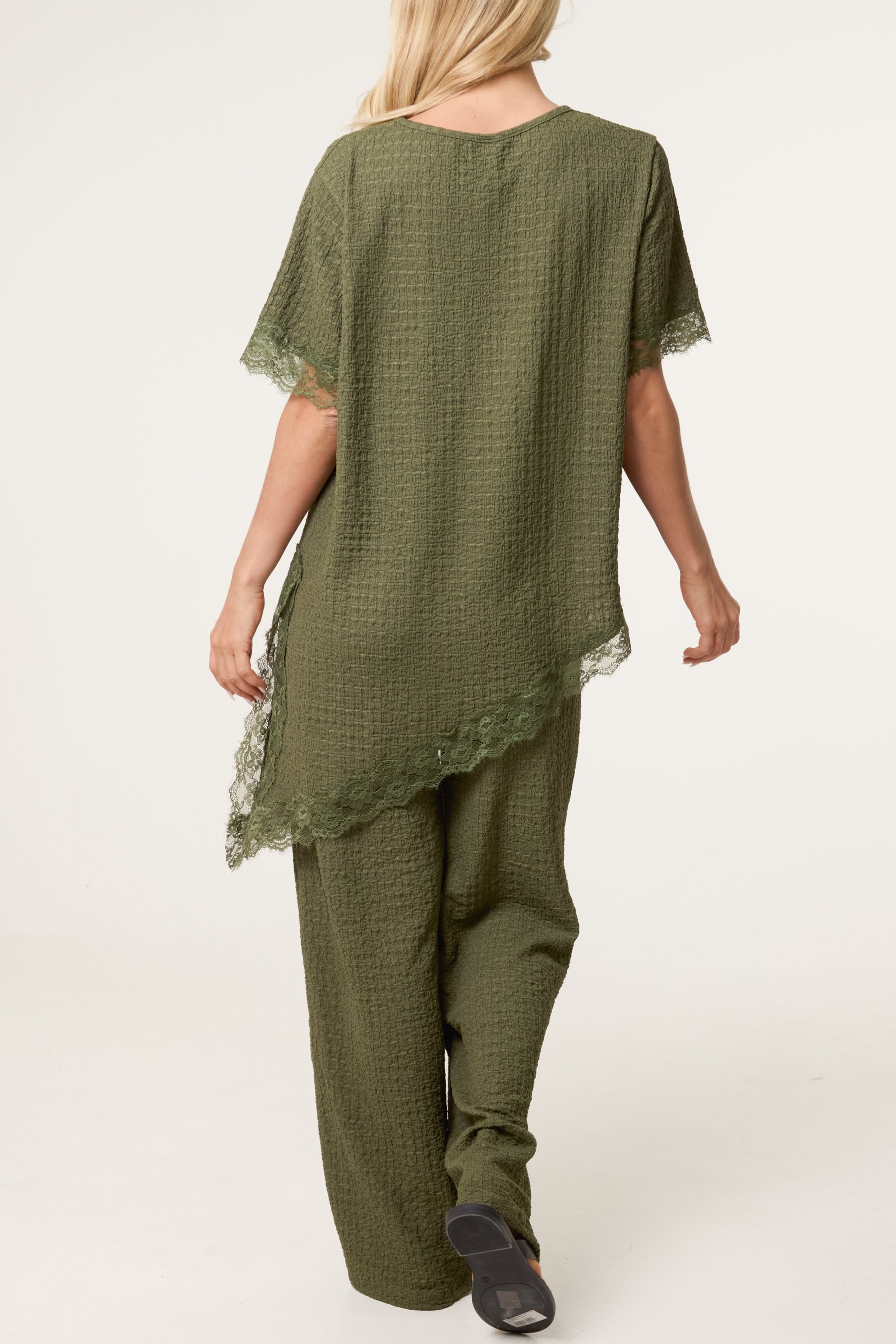 Asymmetric Lace Hem Top & Wide Leg Trousers