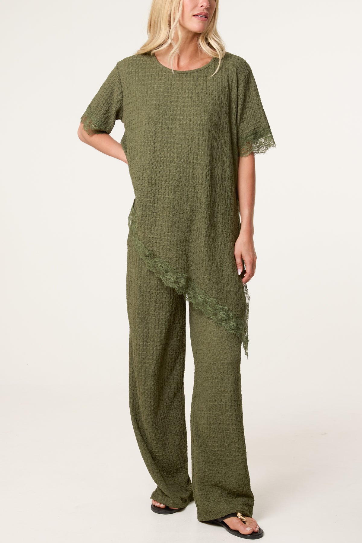 Asymmetric Lace Hem Top & Wide Leg Trousers