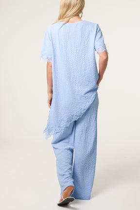 Asymmetric Lace Hem Top & Wide Leg Trousers