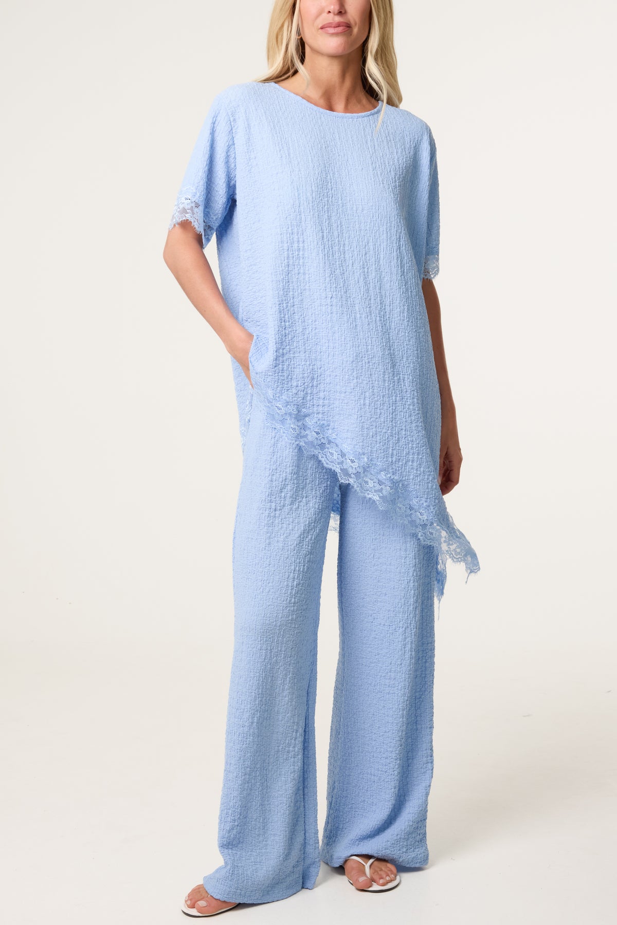 Asymmetric Lace Hem Top & Wide Leg Trousers