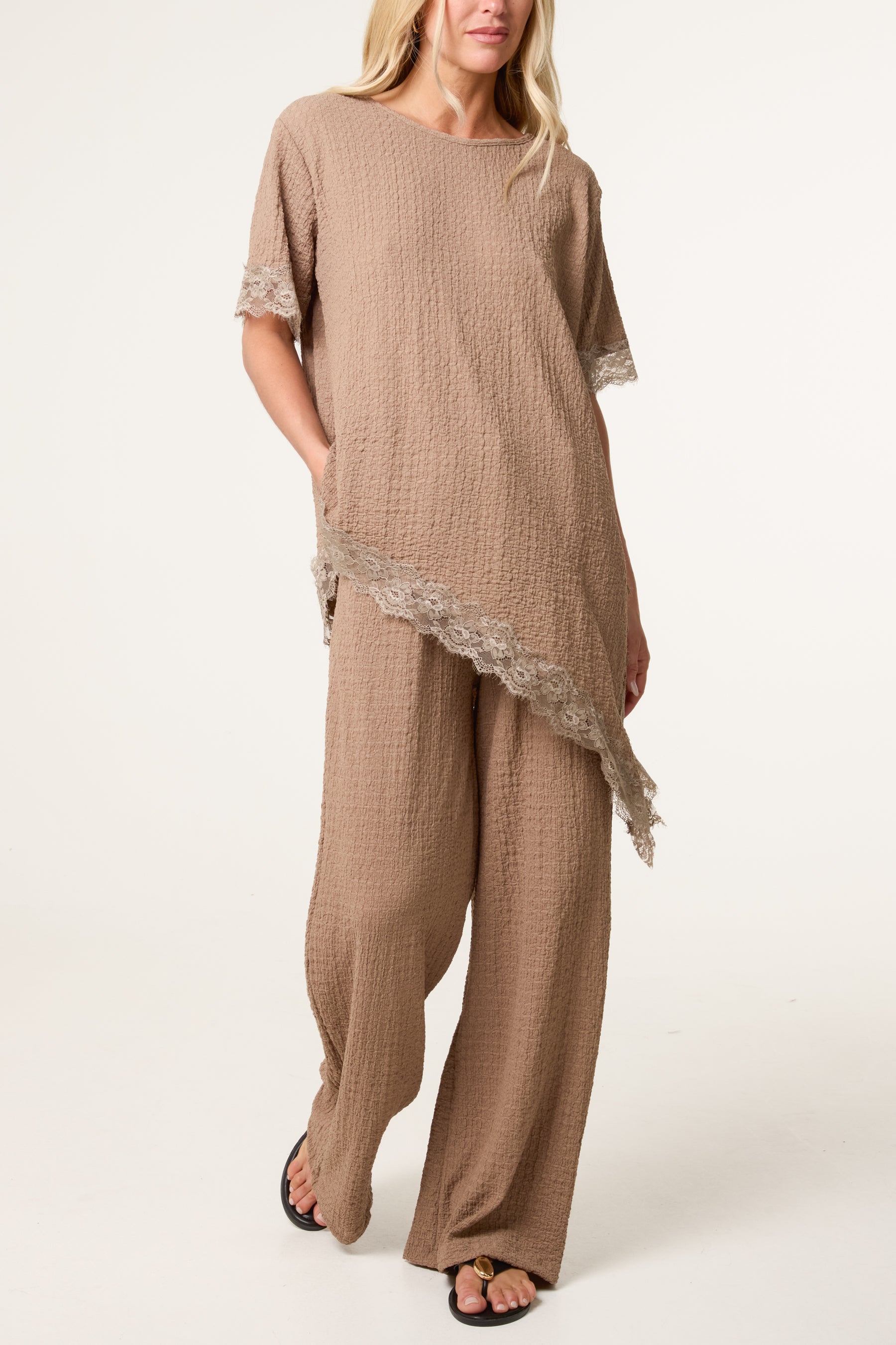 Asymmetric Lace Hem Top & Wide Leg Trousers