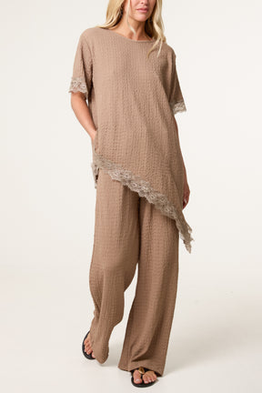 Asymmetric Lace Hem Top & Wide Leg Trousers