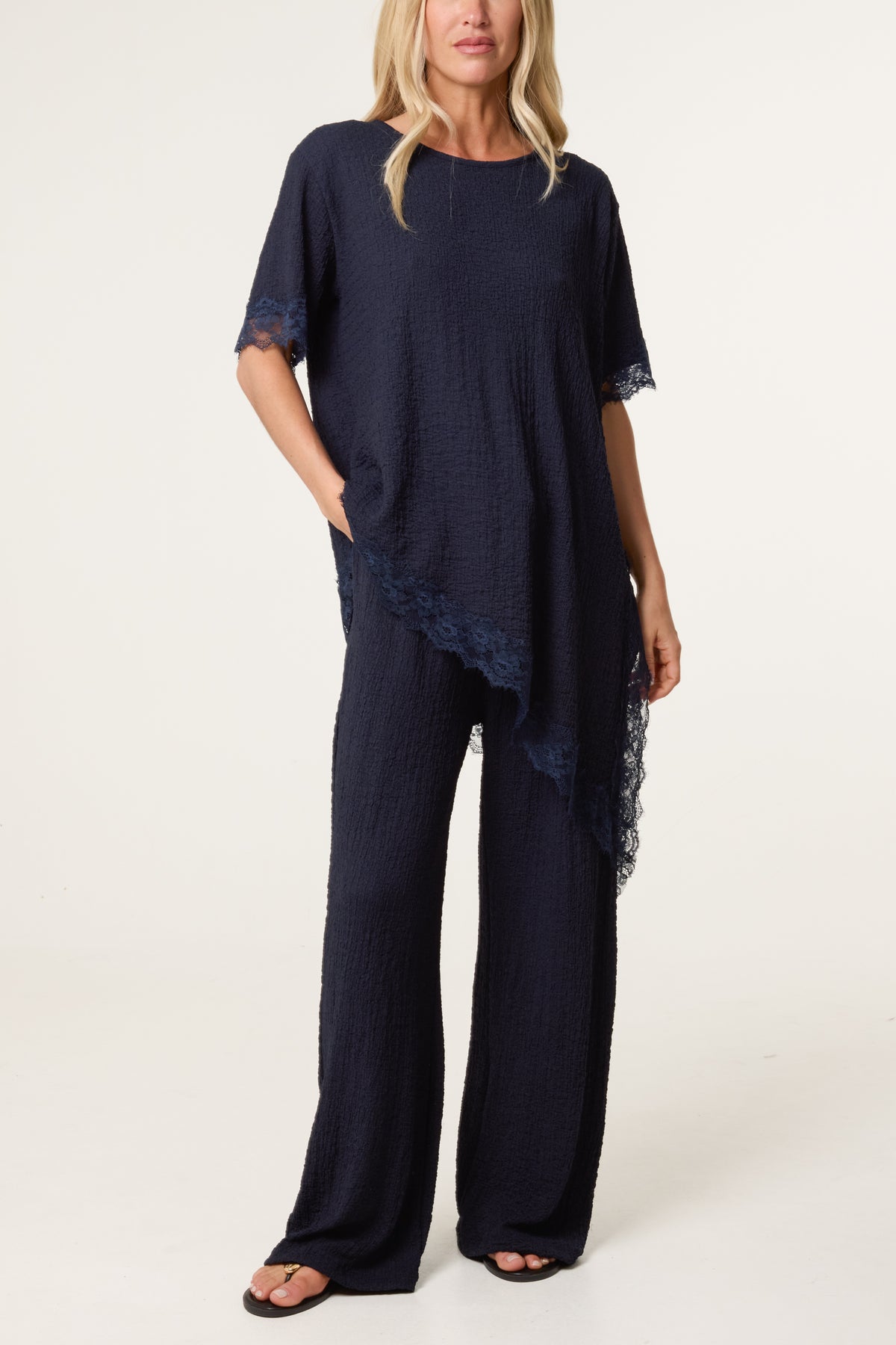 Asymmetric Lace Hem Top & Wide Leg Trousers